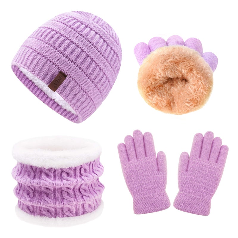 FENELY Girls Winter Hat Scarf Gloves Set for Cold Weather, Kids Beanie Hat Infinity Scarf Knitted Gloves Sets Purple Knit Thick Warm Fleece Lined Thermal Set for 6-10 Years Old Boy Baby Toddler Children - Image 1